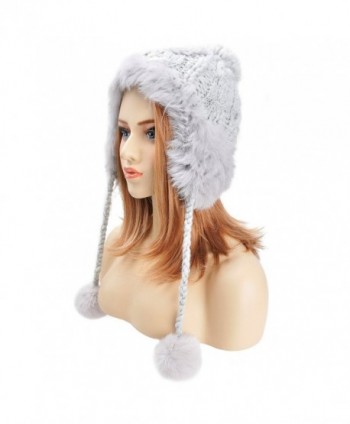 ZLYC Women Fashion Winter Warm Rabbit Fur Knit Bobble Beanie Cap Hat with Earflaps - Grey - CV1887Q5UHR