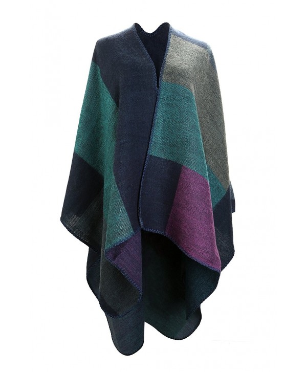 UTOVME Fashion Winter Cashmere Feel Cardigan Large Plaid Blanket Scarf Poncho - Blue Green Purple - CK12JW0R323