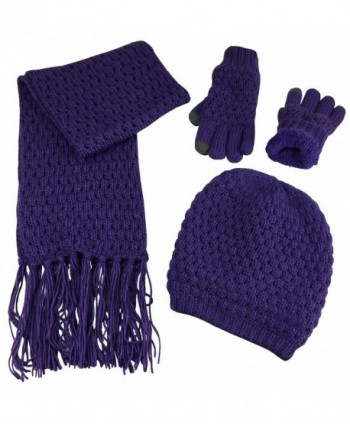 N'Ice Caps Women's Beanie Scarf Gloves 3PC Set Sherpa Lined Popcorn Stitch - Purple - CC187NHYK86