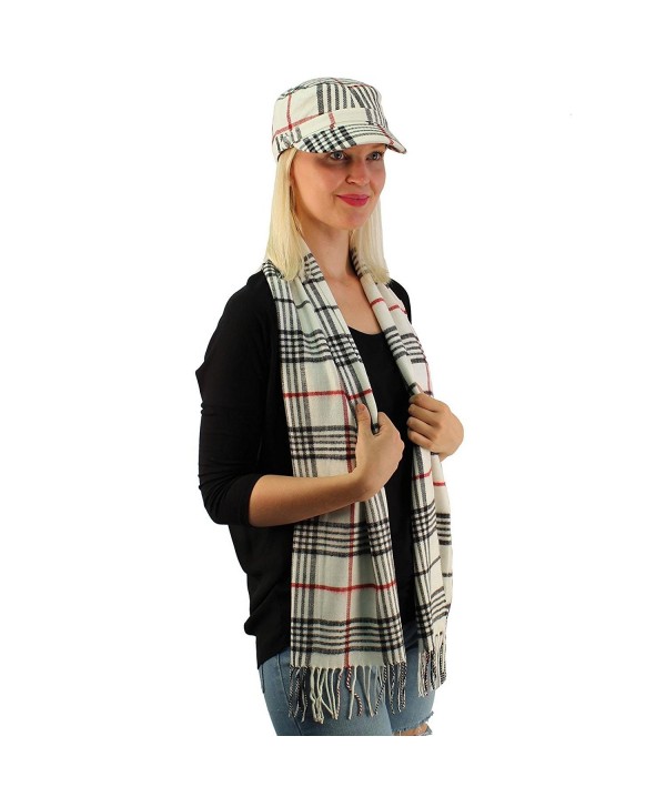 Ladies Teens 2pc Winter Plaid Cadet Cabbie Gi Cap Hat Ultra Soft Scarf Set - White - CQ186RISQAK