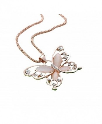 Perman Ladies Fashion Rose Gold Opal Butterfly Pendant Necklace Sweater Accessories - C31885OQNDD