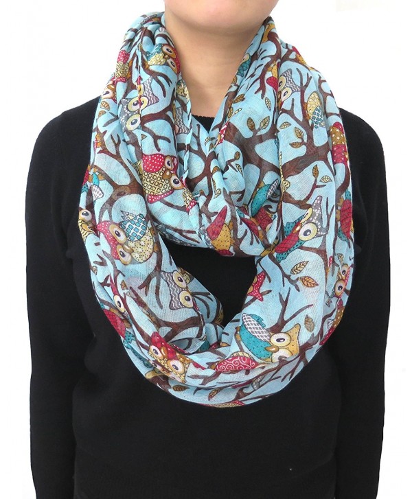 Lina & Lily Owl on Branch Print Infinity Loop Women's Scarf Lightweight - Light Blue - CM11Q7NLGVX