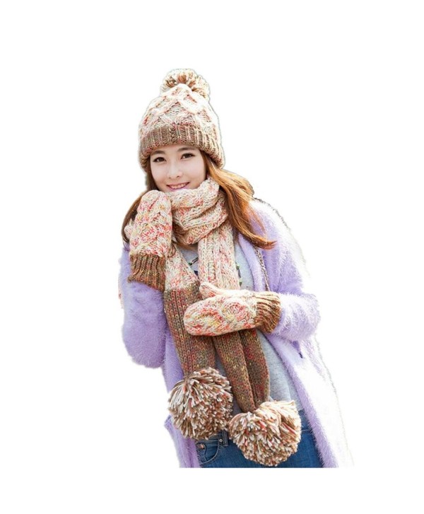 Lucky Beth Winter Warm Women Wool Hat/Scarf/Gloves Set Knitted Hat Scarf Mitten - Beige-6 - C912O63C331