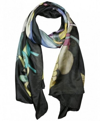 Invisible World Women's 100% Silk Hand Painted Scarf Lotus Flowers on Black - CB11L7QIPD7