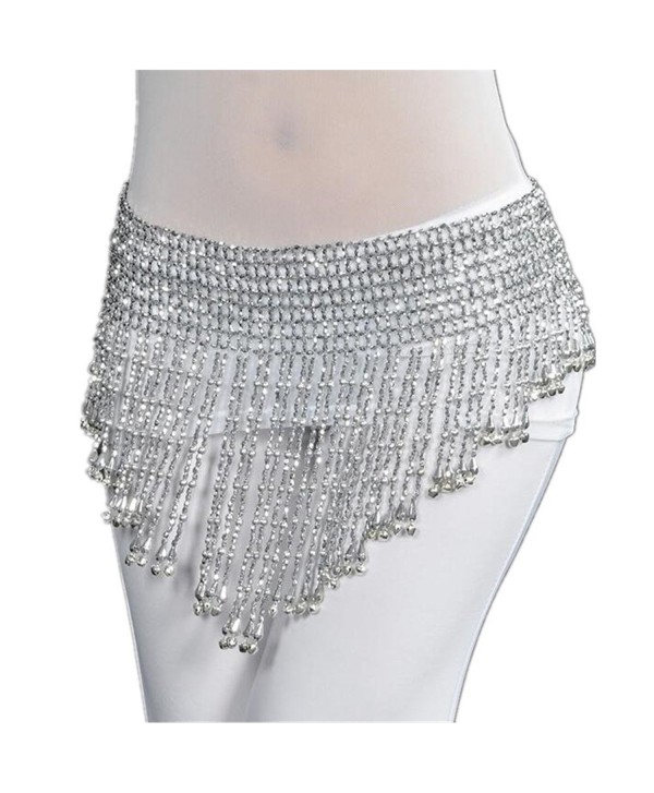ZYZF Beaded Elastic Waist Rave Belly Dance Skirt Hip Scarf Costume - Silver - C712G7AVQYL