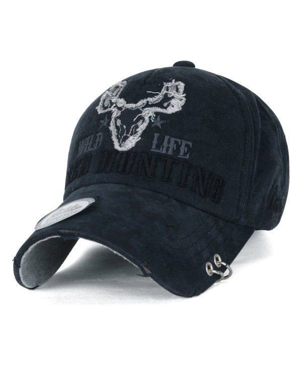 ililily WILD LIFE DEER HUNTING Embroidery Metal Piercing Ring Cotton Baseball Cap Trucker Hat - Prussian Blue - CL17Z55D3Z3