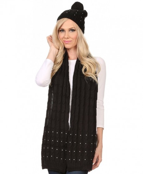 Sakkas Kae Jewel Studded Cable Knit Beanie Hat And Scarf Set - Black - C71276OYX7P