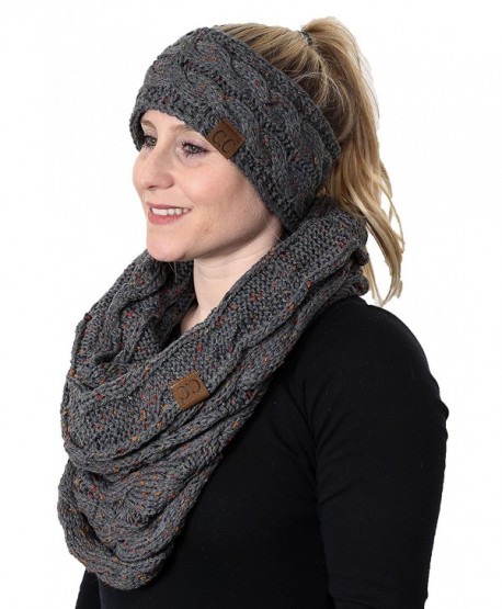 CC Confetti Cable Knit Fuzzy Lined Head Wrap With Matching Infinity Scarf - A Confetti Melange Grey Design - CK180L25I5D