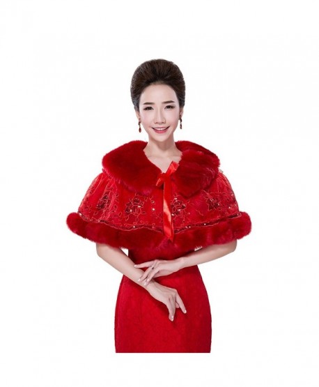 Icegrey Faux Fur Wrap Shawl Shrug Bolero Cape with Satin Bowknot - Red-1 - CJ12O5HWORY