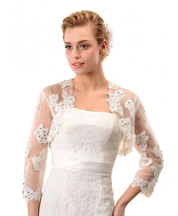 Topwedding 3/4 Sleeves Ivory Tulle Wedding Bridal Shrug Lace Bolero w Sequin - C011V8BWU73