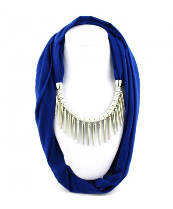 Ysiop Women Polyester Solid Necklace Scarf Tassel Neckerchief Metal Feeling Strip Pendant - Sapphire Blue - CZ12GMTT02N