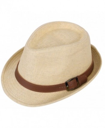 Harcadian Men & Women's Short Brim Structured Fedora Straw Hat w Buckle Band Sun Hat - Natural Hat Brown Belt - CX189Y8AMTC