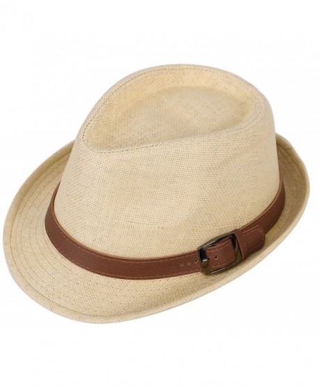 Harcadian Men & Women's Short Brim Structured Fedora Straw Hat w Buckle Band Sun Hat - Natural Hat Brown Belt - CX189Y8AMTC