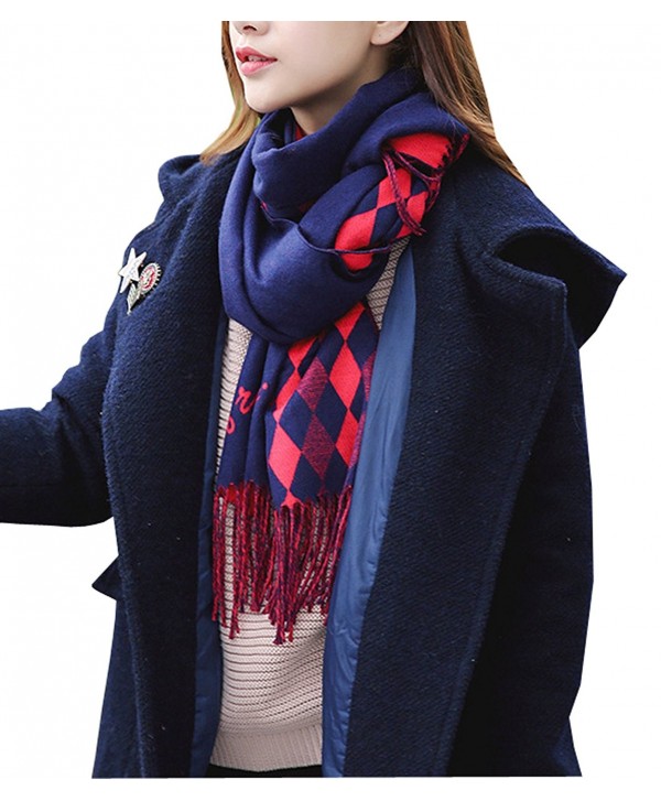 Wander Agio Womens Scarfs Winter Shawls Blanket Scarves Warm Plaid Tassels Scarf - Diamond Red Blue - CX186YHLKUS