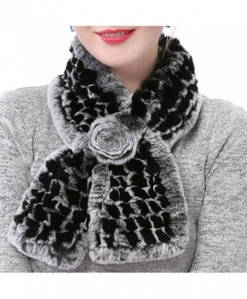 Valpeak Women's Real Rabbit Fur knitted Winter Warm Neck Wrap Scarf Rose Design - Black - CU185W4S25K
