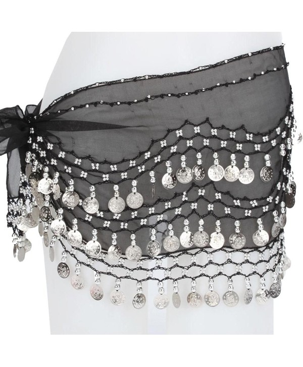 Lilyy Chiffon Dangling Silver Coins Belly Dance Hip Skirt Scarf Wrap Belt - Black - CL12ISLY81L