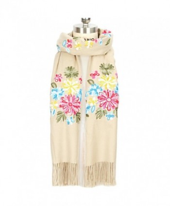 LOUISE&FIONA Women Scarves Floral Embroidery Tassels Cashmere Feel Scarf Wrap Shawl - Beige - CA187EU20OY