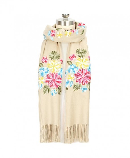 LOUISE&FIONA Women Scarves Floral Embroidery Tassels Cashmere Feel Scarf Wrap Shawl - Beige - CA187EU20OY