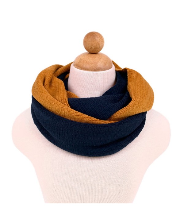 Two-Tone Winter Knit Warm Infinity Circle Scarf - Different Colors Available - Navy/Mustard - C211I7EQ9ML