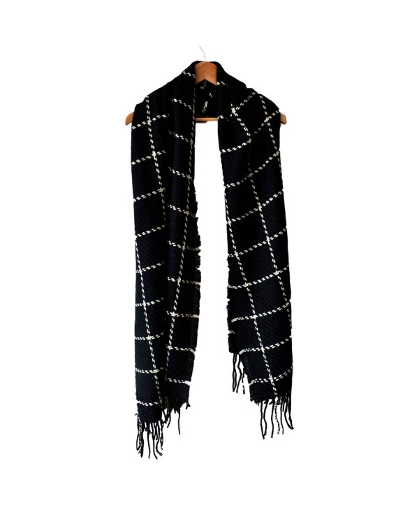 LARRONKETY Women's Fashion Long Shawl Big Grid Winter Warm Large Knit Thicken Tassel Scarf - Black - CB187ECUOX8