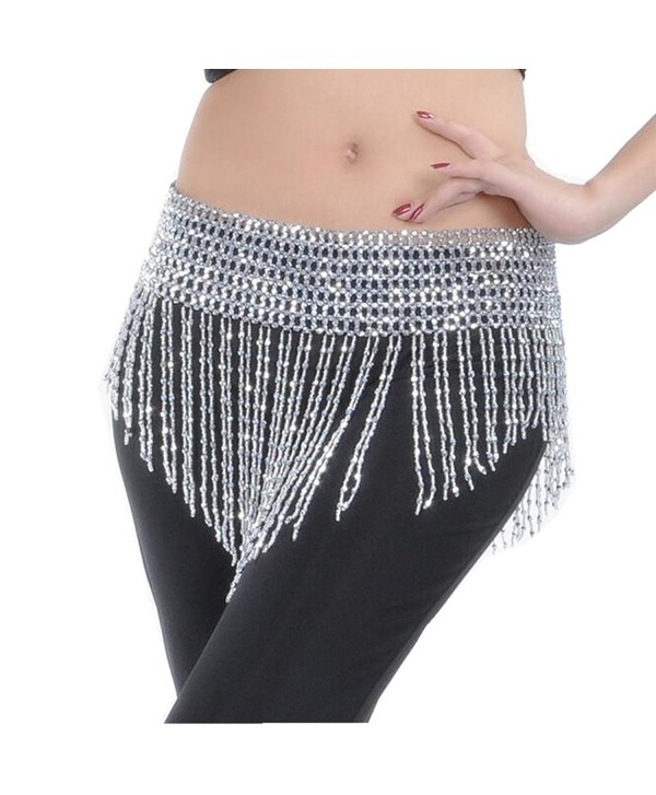 ZYZF Beaded Elastic Waist Rave Belly Dance Skirt Hip Scarf Costume - Silver - CA12G7AVKGF