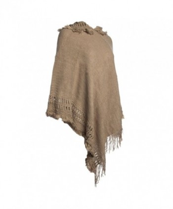 Tickled Pink Womens Knitted Batwing Poncho Pullover Top With Hoodie Fringe Ladies Shawl Scarf - Taupe - C4185YLDNRZ