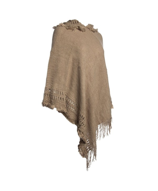 Tickled Pink Womens Knitted Batwing Poncho Pullover Top With Hoodie Fringe Ladies Shawl Scarf - Taupe - C4185YLDNRZ