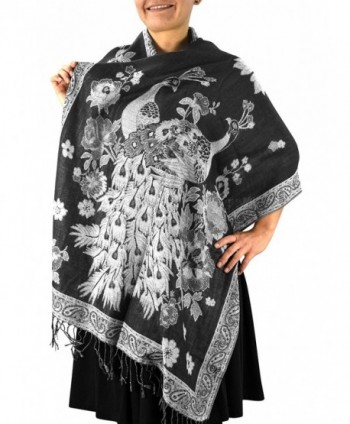 Peach Couture Floral Peacock Reversible Shimmer Layered Pashmina Wrap Shawl Scarf - Black/White - CK1875MHYMT