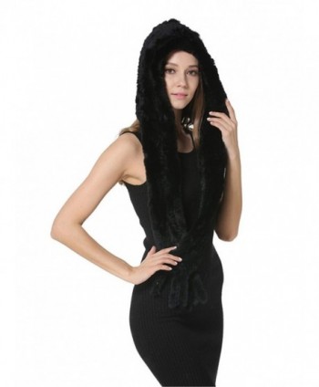 MEEFUR Knitted Real Fur Shawls Warm Wrap Hat Earmuffs Rex Rabbit Fur Hoody Scarves - Black - CN182AT7OSZ