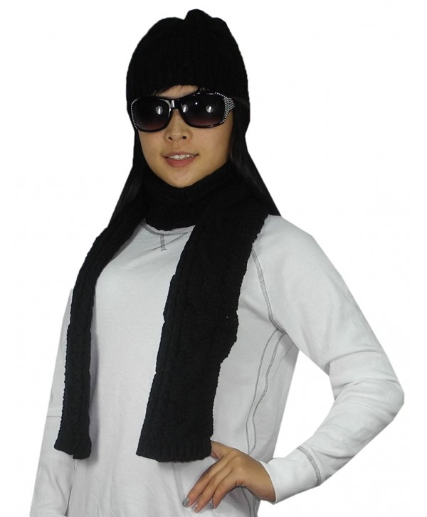 2 PCS SET Womens Hand Made Super Soft Knitted Thermal Winter Scarf & Hat - Black - CE128TCEXCD