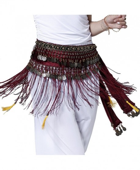 Pilot-trade Belly Dance Tribe Style Belt Tassel Hip Scarfs Velvet Waist - Rose Red - CS11TXPU4IX