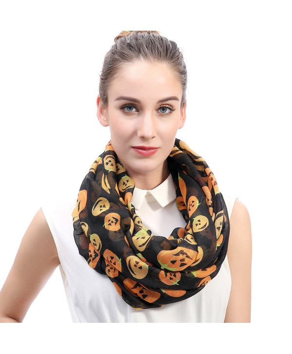 Lina & Lily Halloween Pumpkin Print Women's Infinity Loop Scarf Lightweight - Black - CS12M11H3G1