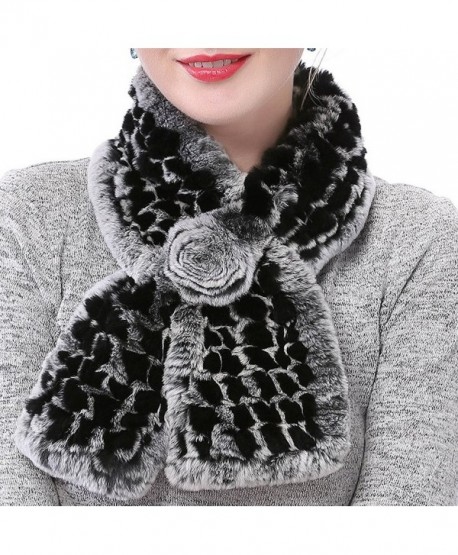 Valpeak Women's Real Rabbit Fur knitted Winter Warm Neck Wrap Scarf Rose Design - Black - CT185W4S25K