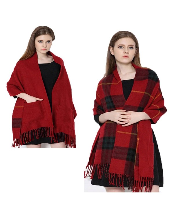 Da Ben Tai Women's Cashmere double sided fringed plaid scarf shawl with pocket - Jujube Red - CO187E0K32Z
