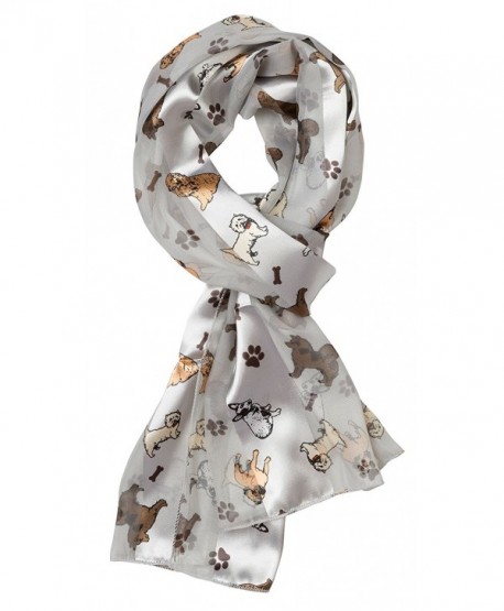 Plum Feathers Various Cute Wildlife & Pet Print Silky Satin Scarf - Silver With Puppies - CO11T6HM1PR