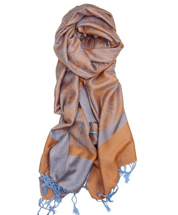 Achillea Two Tone Vintage Jacquard Paisley Pashmina Shawl Wrap Scarf - Orange Light Blue - C8185LLYY7G