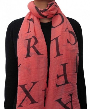 Lina & Lily Alphabet Letters Print Frayed Women's Scarf Lightweight - Coral+black - C111VTV5C6N