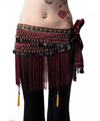 ZLTdream Women's Belly Dance Tribal Hip Scarf with Fringe Coins Flannel - Dark Red - C51258WQ6XV