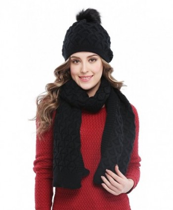 Bellady Women's Knitted Double Layers Beanie Cap with Pom Pom- Scarf Two Peice Set - Black - C412MBWLYZL