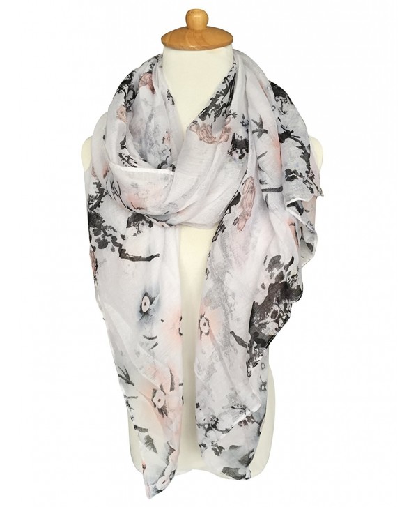 GERINLY Pastel Scarves: Peach Blossom Print Shawl Scarf For Women - New White - CG12NVBHG0S