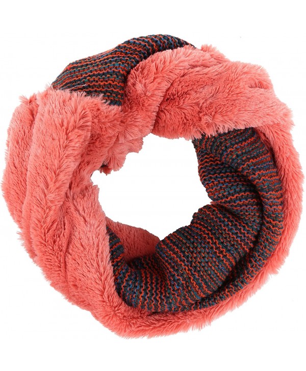 Sakkas Sele Short Two Textured Faux Fur Ribbed Knit Mixed Designed Infinity Scarf - Coral - CL12MXB659Q