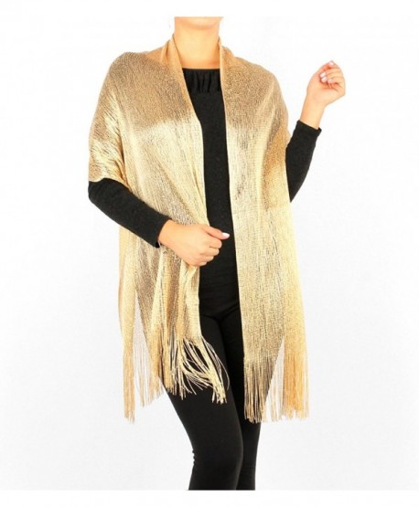 Women's Two Tone Modern Metallic Fishnet Acrylic Party Shawl Fringe Lurex Scarf - Gold/Gold - CX121DFQNOJ