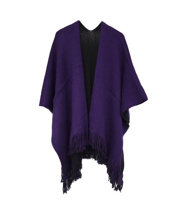 Kocome Women Blanket Oversized Scarf Wrap Long Knit Shawl Poncho Tassel Fringe - Black+purple - C612O2RGRED