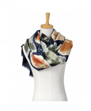 Lo Shokim Women's Fashion Floral Print Oblong Scarf With Fringe - Navy Blue - CY186300UZG