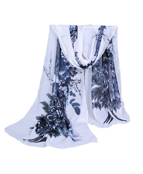 Herebuy - Unique Women's Floral Scarves: Chiffon Flowers & Birds Printed Scarf - Blackwhite - C5186R756WO