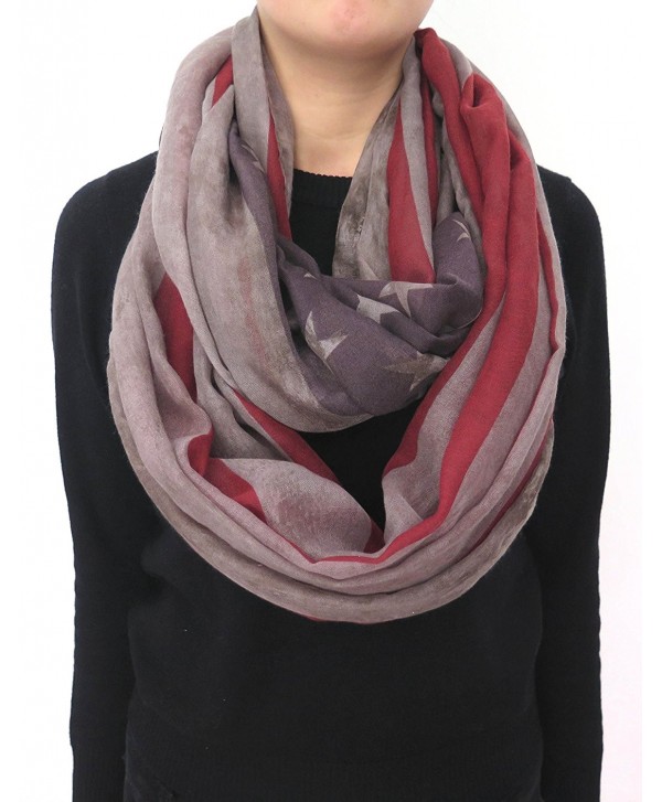 Lina & Lily Vintage Dusty American Flag Print Loop Infinity Scarf 4th July - Grey and Red - C811PQ2G5G7