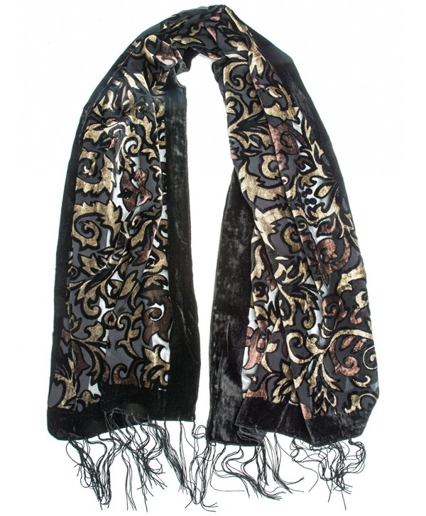 Bohomonde- Gia Scarf - Silk Brocade Print Velvet Burnout Scarf with Fringe Ends - Gold/Chocolate/Black - C412056F3WZ