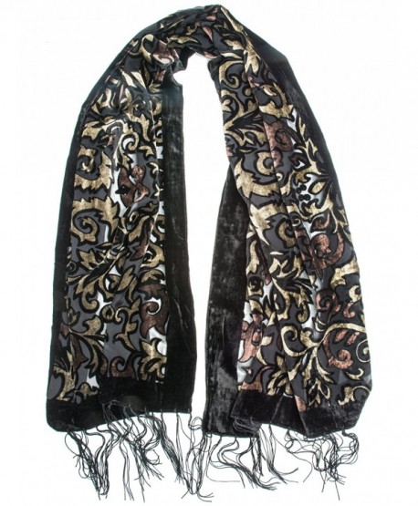 Bohomonde- Gia Scarf - Silk Brocade Print Velvet Burnout Scarf with Fringe Ends - Gold/Chocolate/Black - C412056F3WZ