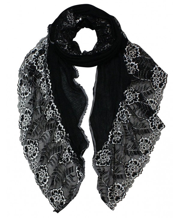 Dahlia Women's Fashion Scarf - Stylish Flowers Design - Lace Edge: Black - CT11CM9WRMN