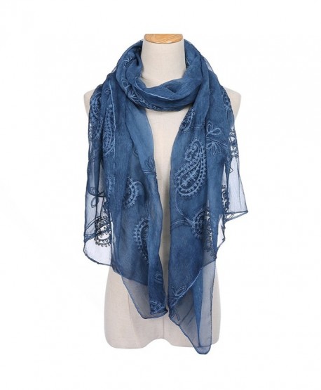 Womens Chiffon Embroidery Bandanna Long Scarf Lightweight Wrap Shawl Beach Cover Solid Color Scarves - Navy Blue - CJ184A8LQNI